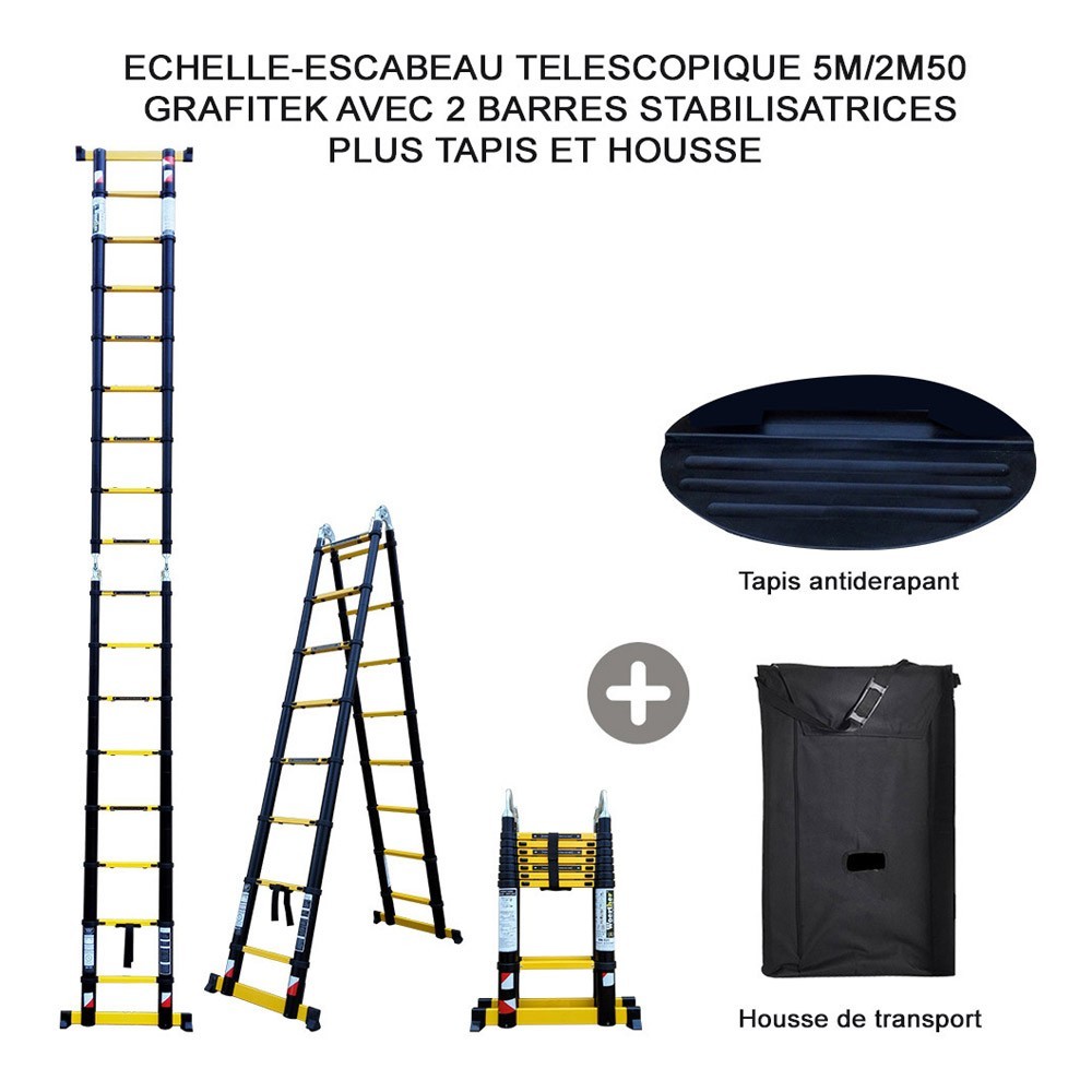 Echelle-escabeau Télescopique 5m/2m50 Woerther Grafitek 2 Barres